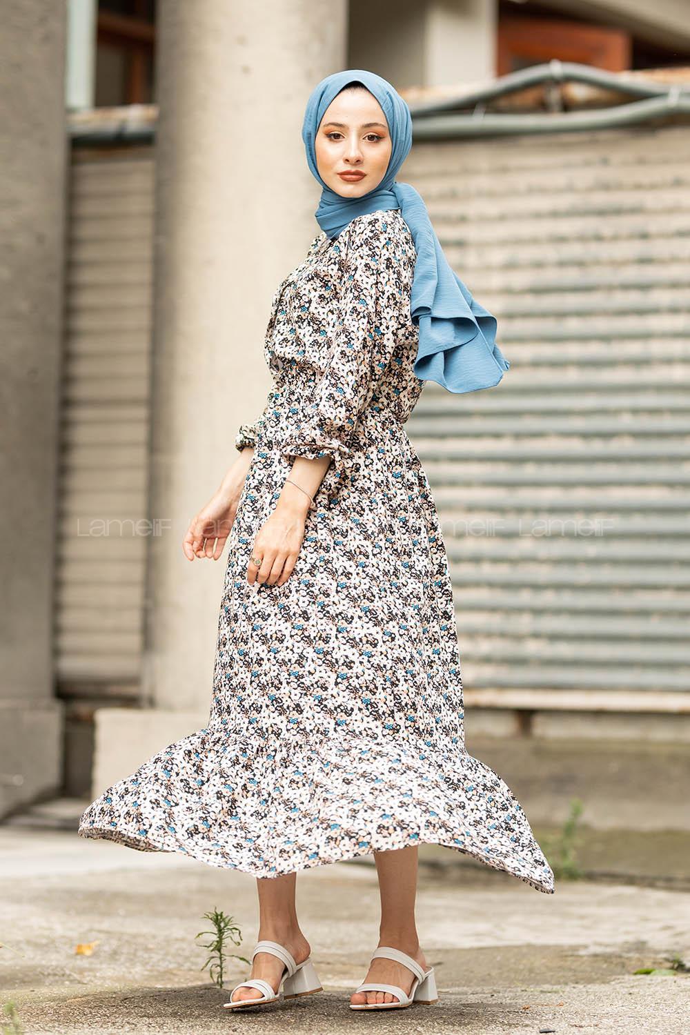 Modalamelif Papatya Desenli  Elbise Ekru Turkuaz