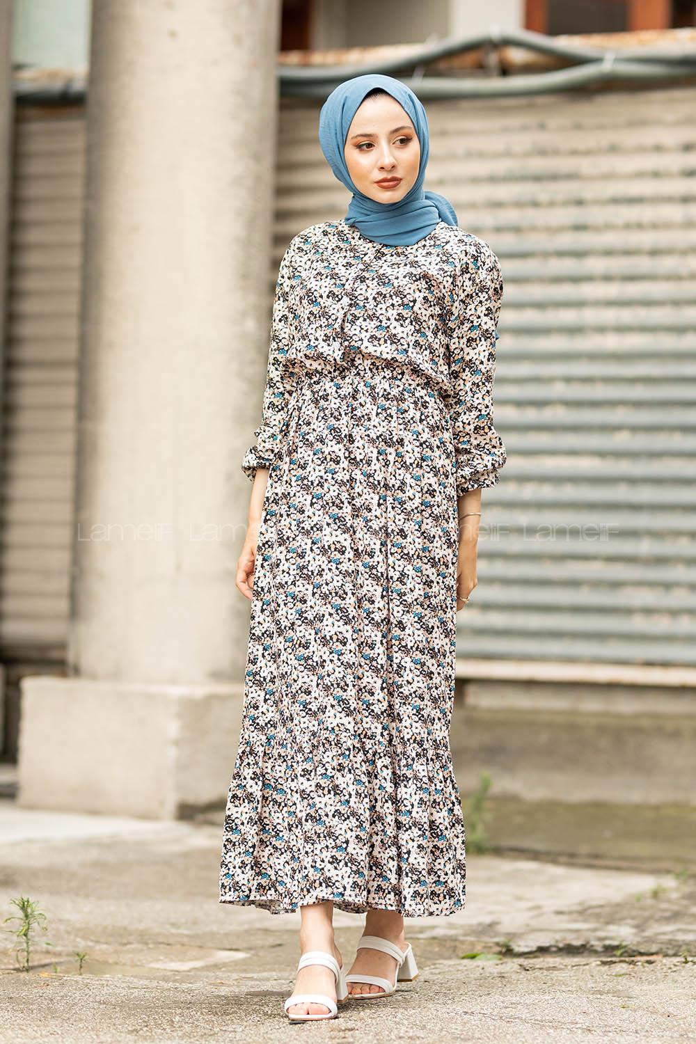 Modalamelif Papatya Desenli  Elbise Ekru Turkuaz