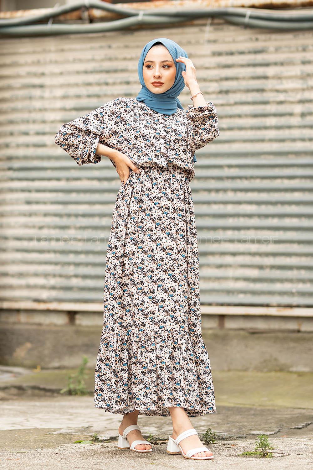 Modalamelif Papatya Desenli  Elbise Ekru Turkuaz