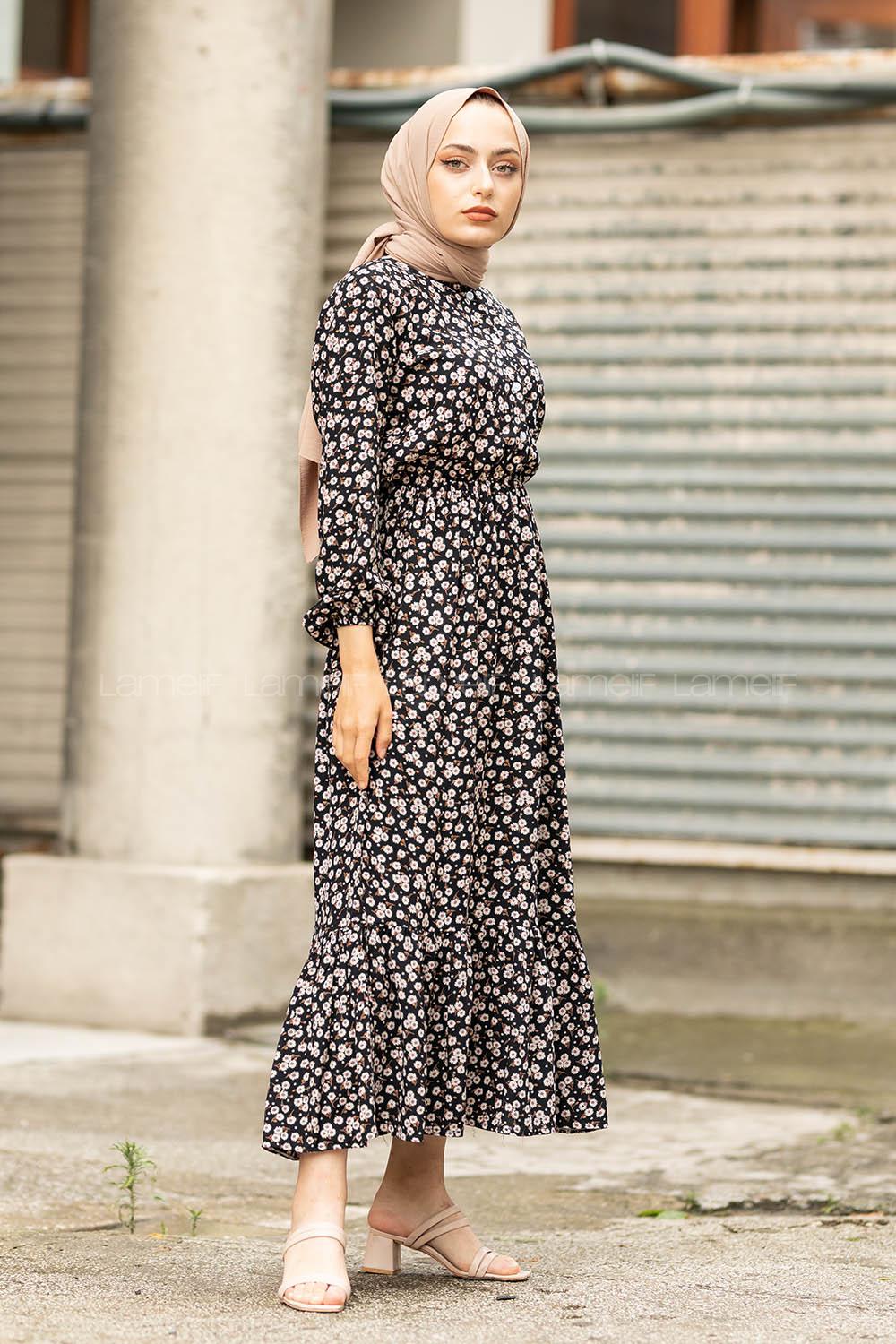 Modalamelif Papatya Desenli  Elbise Siyah Gül