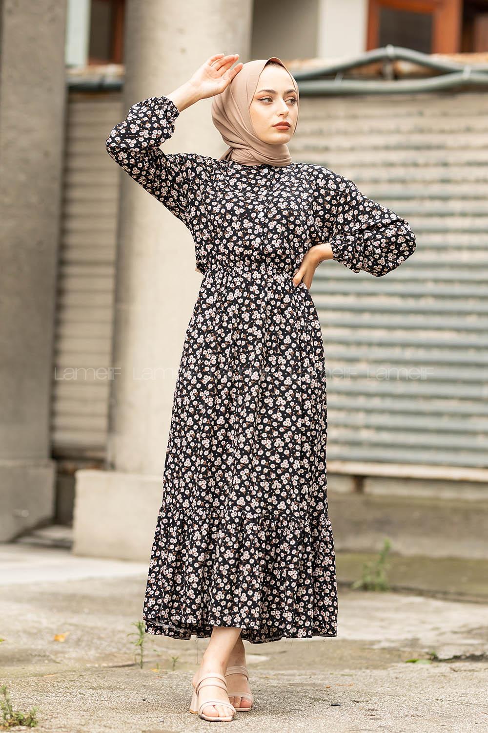 Modalamelif Papatya Desenli  Elbise Siyah Gül