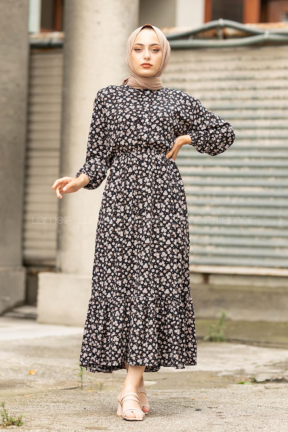 Modalamelif Papatya Desenli  Elbise Siyah Gül