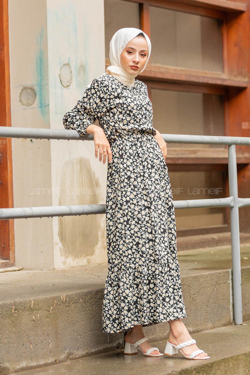 Modalamelif Papatya Desenli  Elbise Siyah Hardal