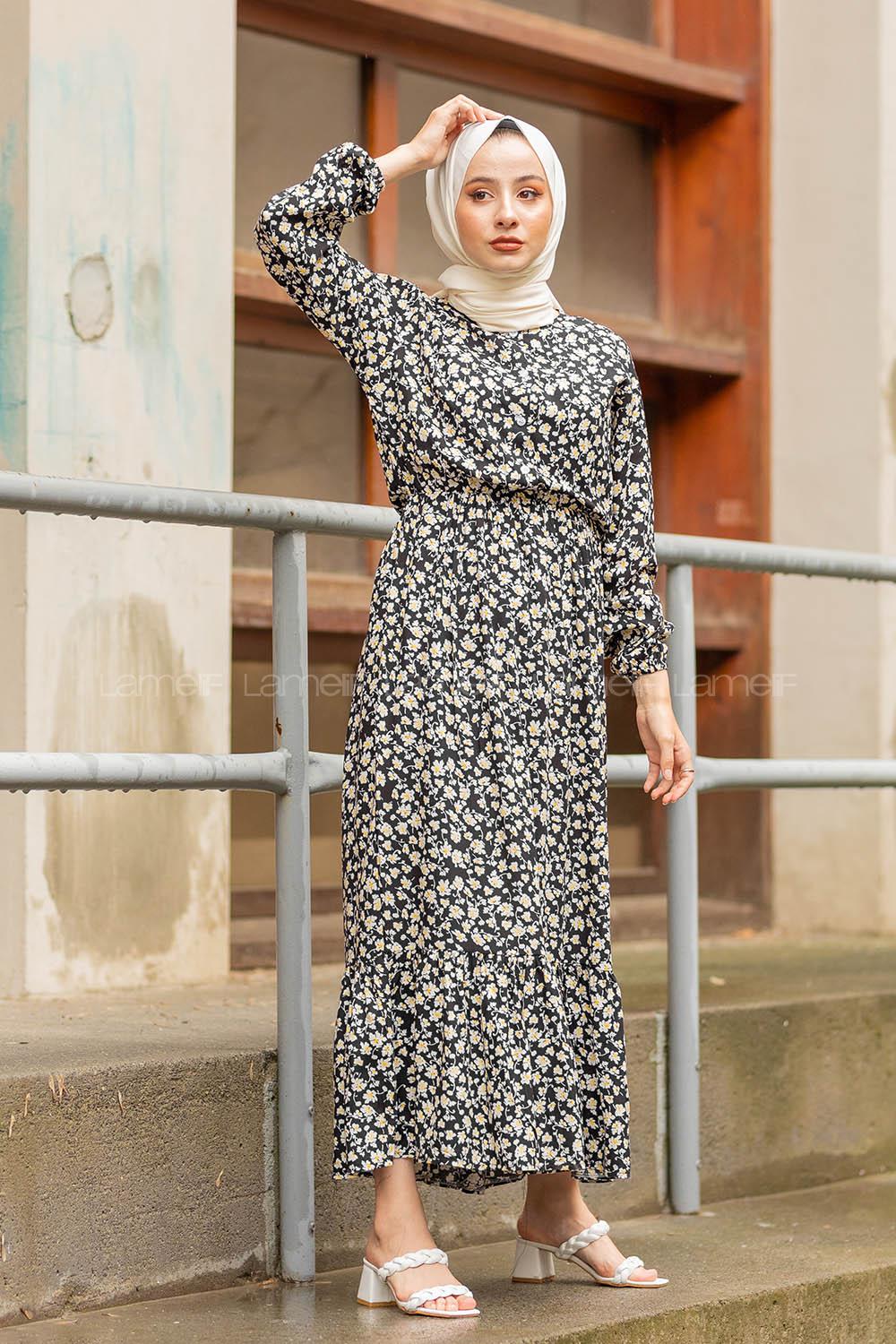 Modalamelif Papatya Desenli  Elbise Siyah Hardal