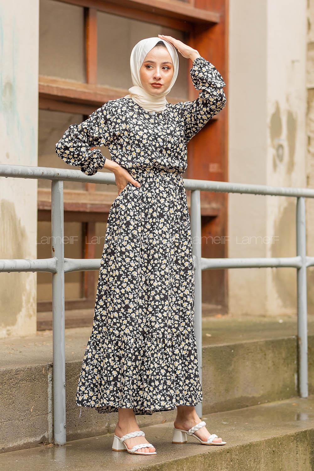 Modalamelif Papatya Desenli  Elbise Siyah Hardal