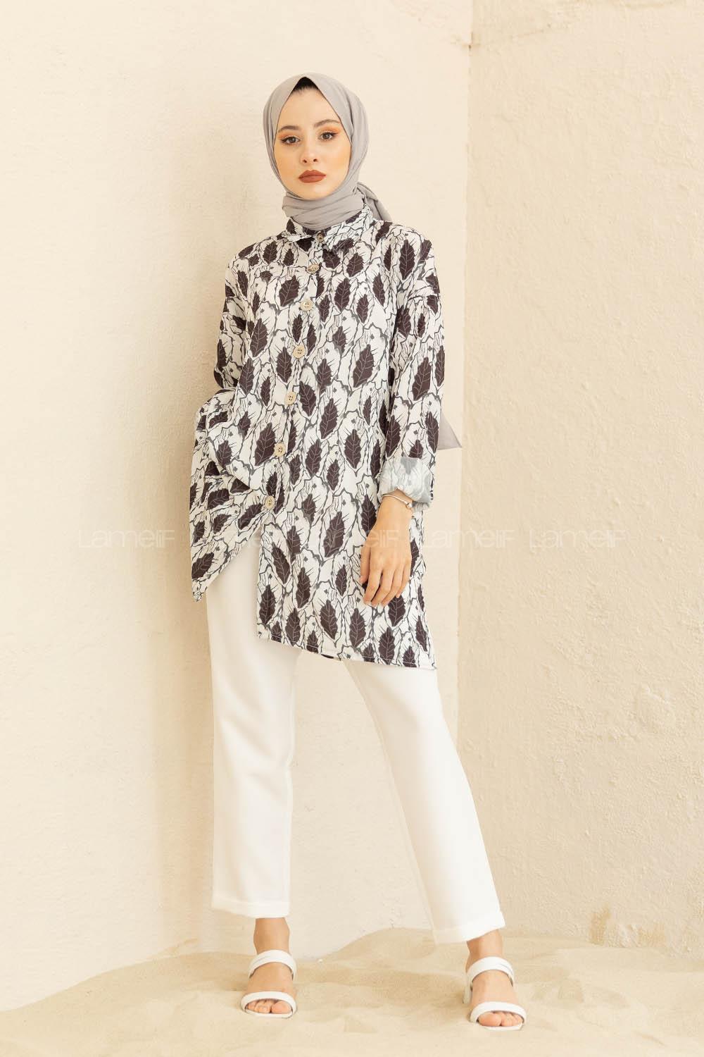 Modalamelif Yaprak Desenli Gömlek Siyah Beyaz