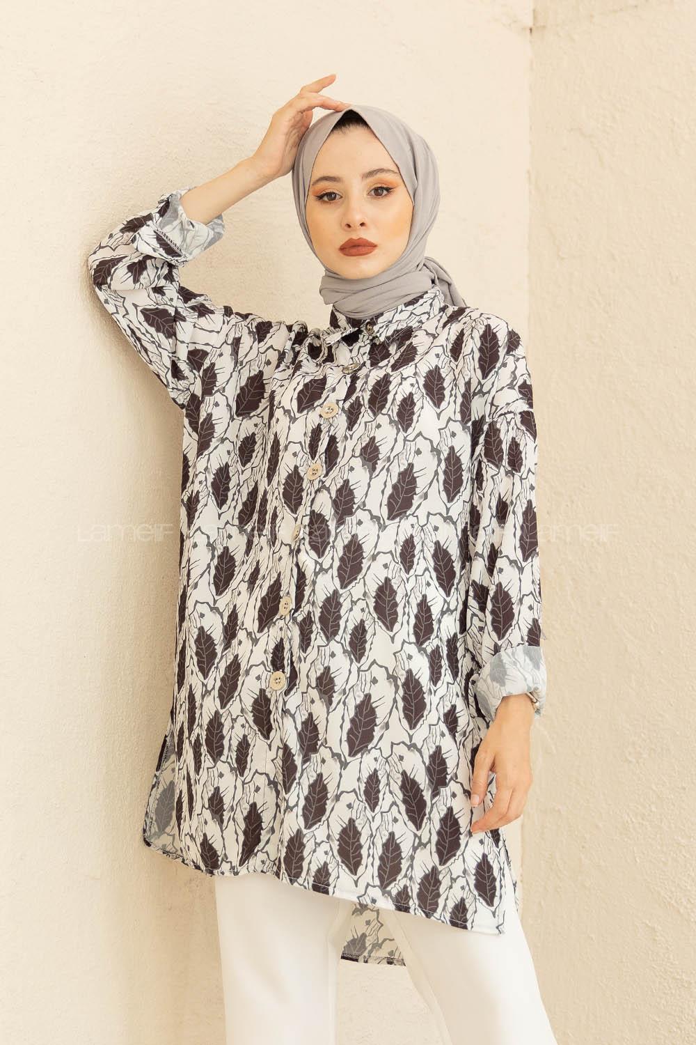 Modalamelif Yaprak Desenli Gömlek Siyah Beyaz