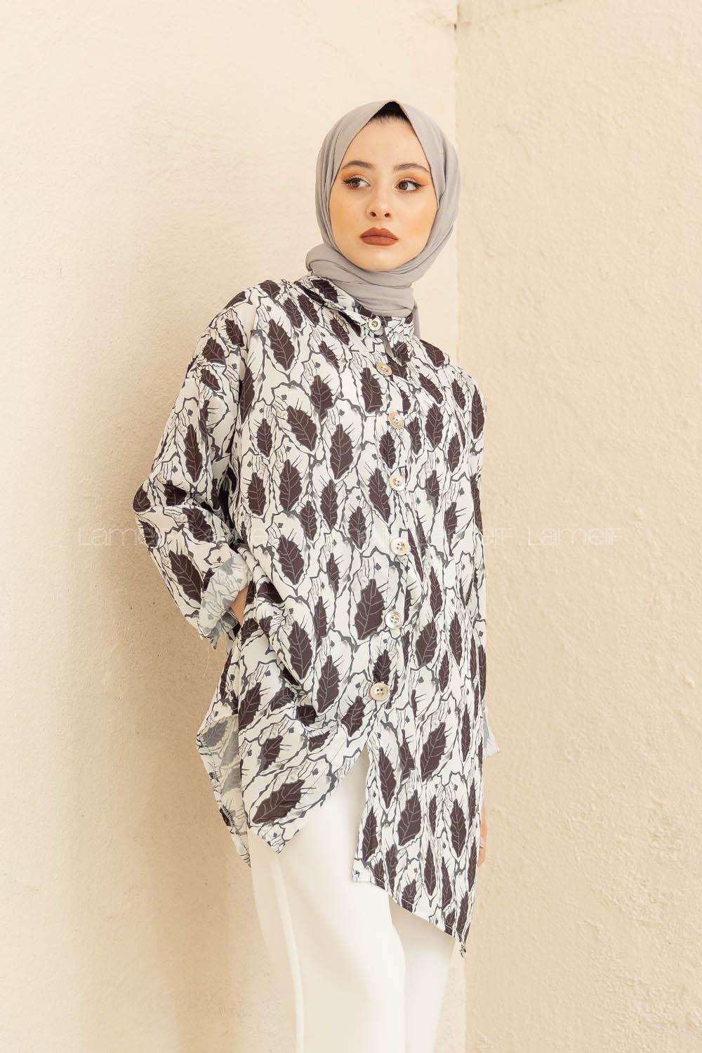 Modalamelif Yaprak Desenli Gömlek Siyah Beyaz