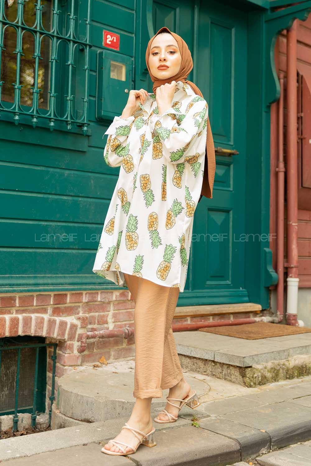 Modalamelif Ananas Baskılı Gömlek Açık Yeşil