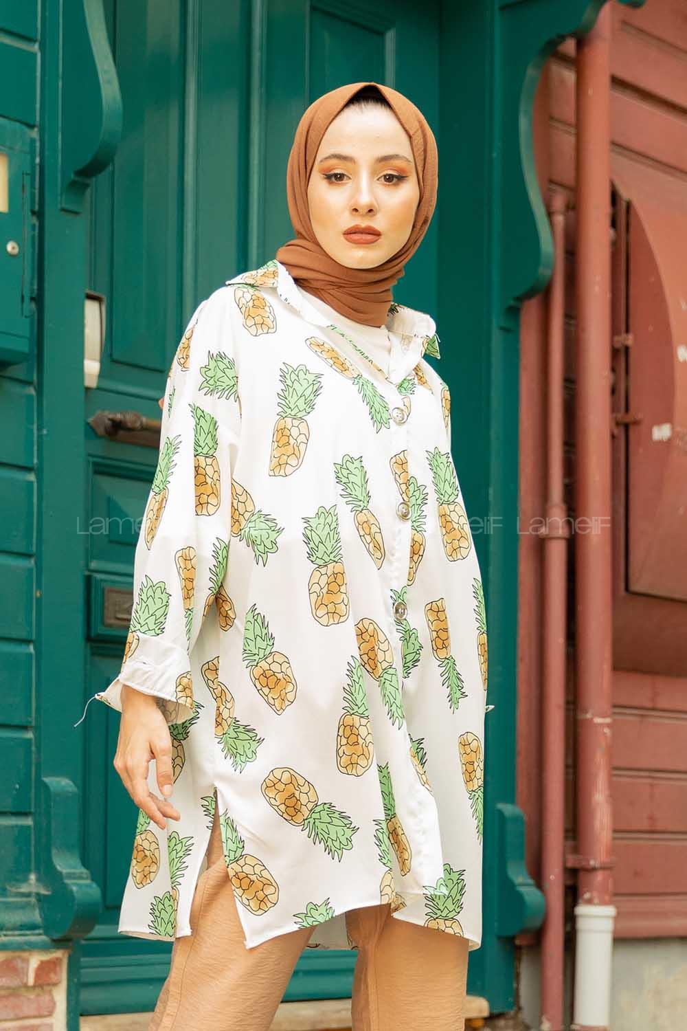 Modalamelif Ananas Baskılı Gömlek Açık Yeşil