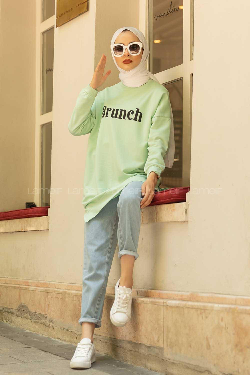 Modalamelif Brunch Yazı Baskılı Sweatshirt Çağla Yeşili