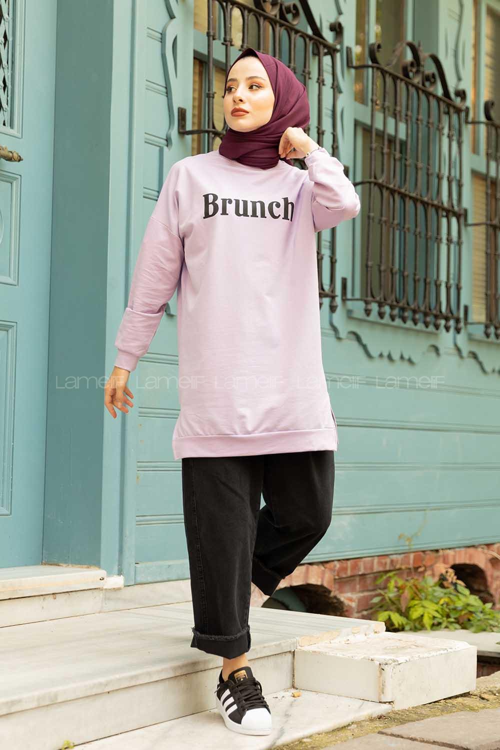 Modalamelif Brunch Yazı Baskılı Sweatshirt Lila
