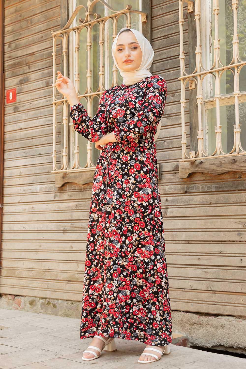 Modalamelif Gül Desen Kuşaklı Elbise Siyah Kırmızı