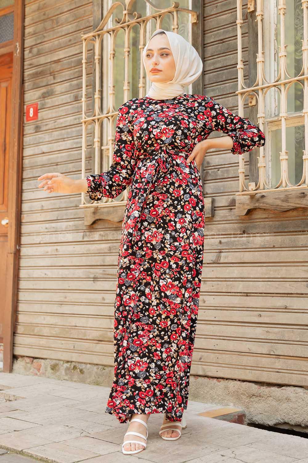 Modalamelif Gül Desen Kuşaklı Elbise Siyah Kırmızı