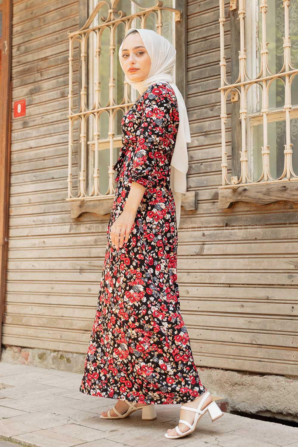 Modalamelif Gül Desen Kuşaklı Elbise Siyah Kırmızı