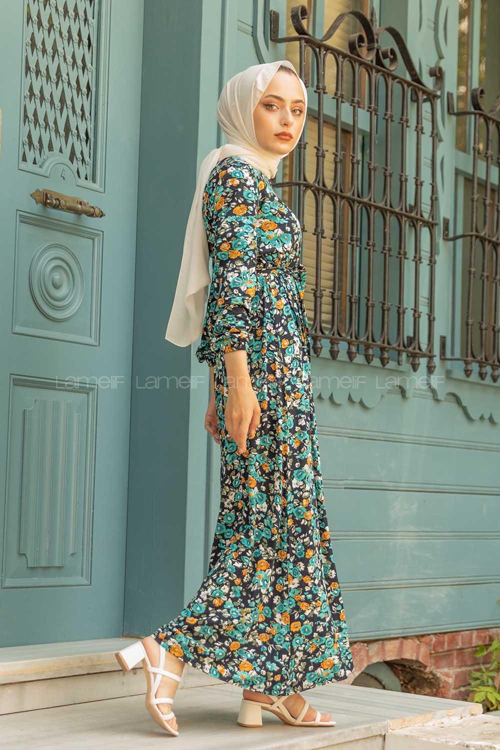 Modalamelif Gül Desen Kuşaklı Elbise Su Yeşili