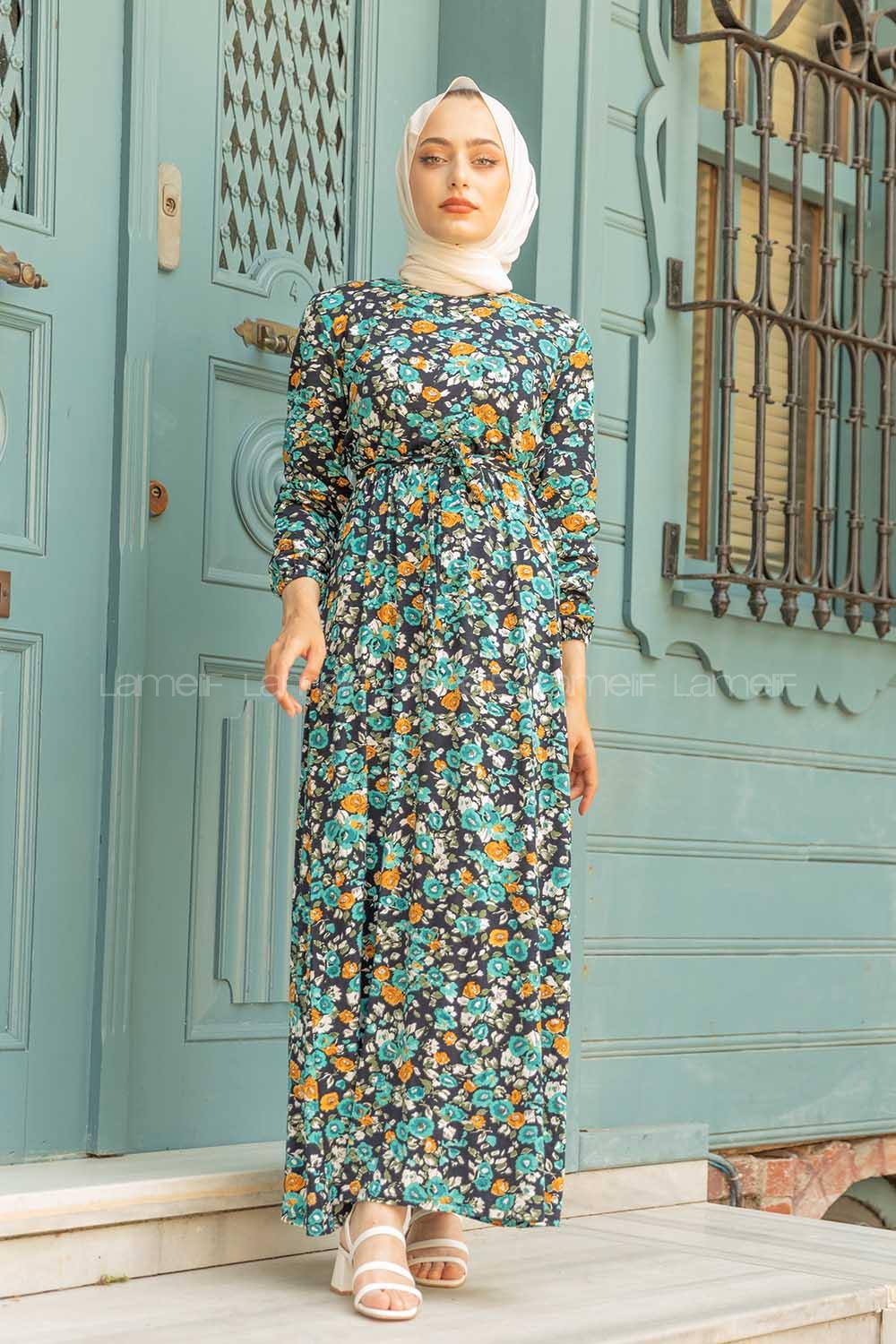 Modalamelif Gül Desen Kuşaklı Elbise Su Yeşili