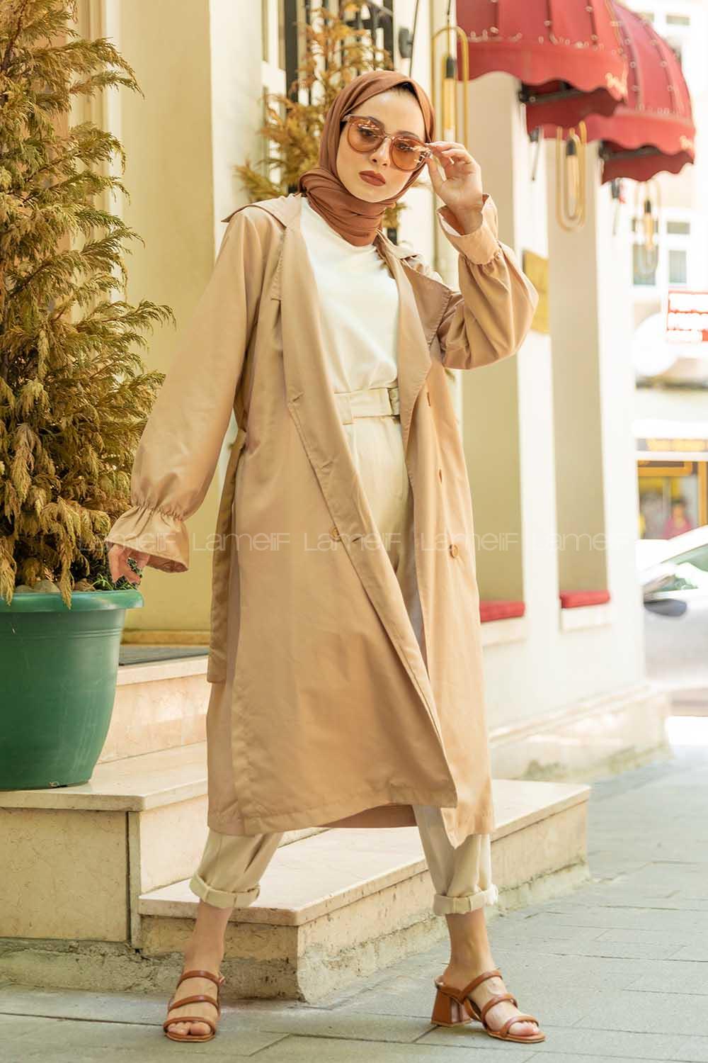 Lamelif Kol Lastikli Belden Bağlamalı Trenç  Camel