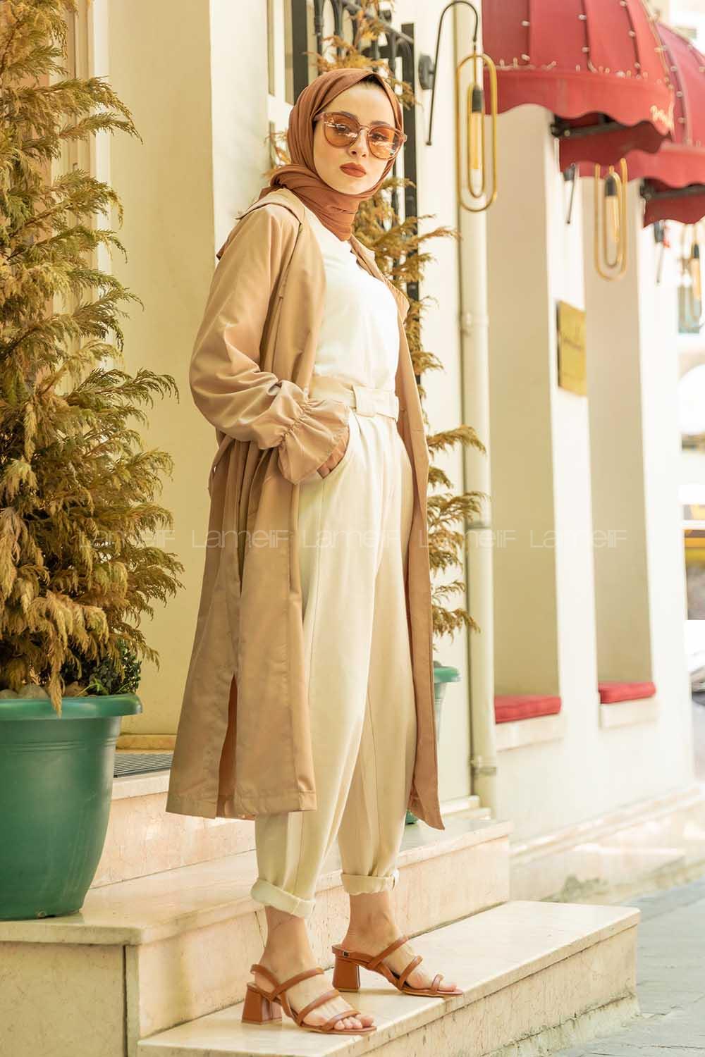 Lamelif Kol Lastikli Belden Bağlamalı Trenç  Camel