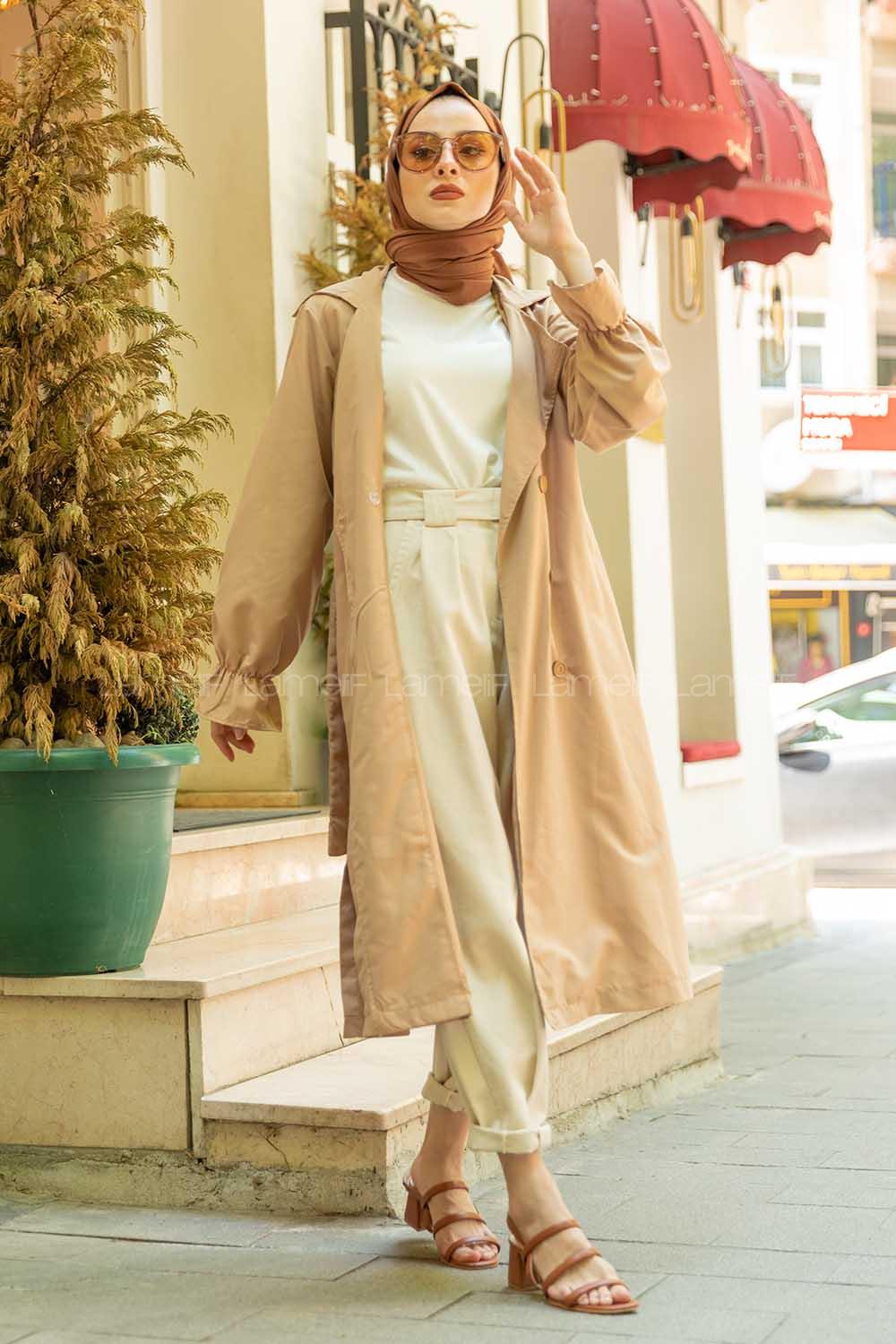 Lamelif Kol Lastikli Belden Bağlamalı Trenç  Camel