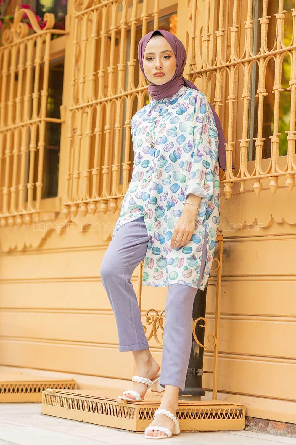 Modalamelif Macaron Desen Gömlek Mavi