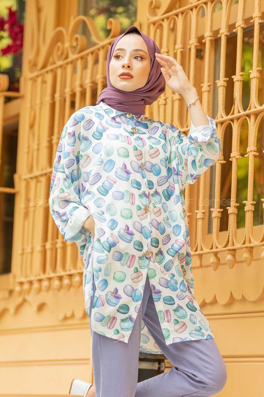 Modalamelif Macaron Desen Gömlek Mavi