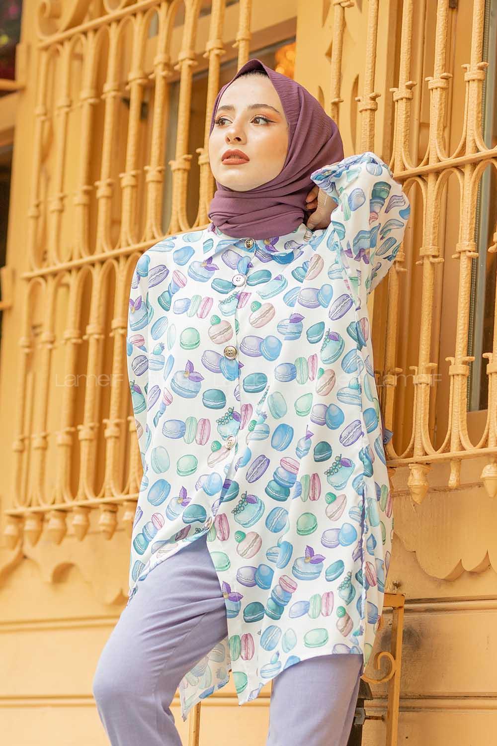 Modalamelif Macaron Desen Gömlek Mavi