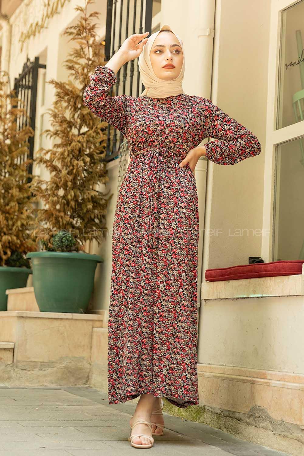 Modalamelif Mini Papatya Desenli Kuşaklı Elbise Kırmızı