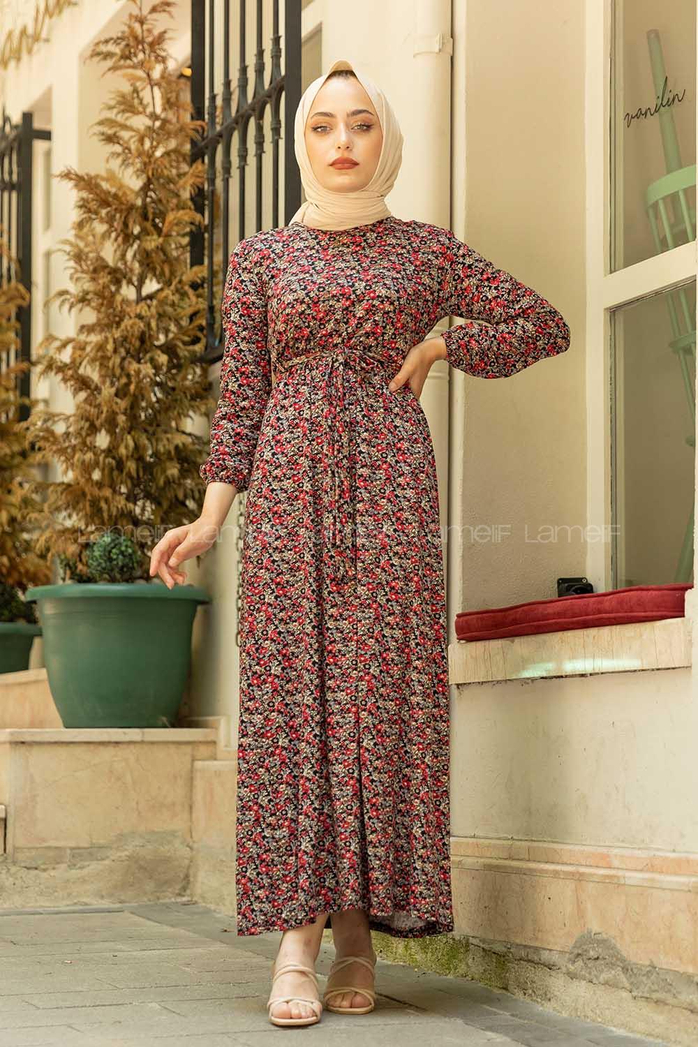 Modalamelif Mini Papatya Desenli Kuşaklı Elbise Kırmızı