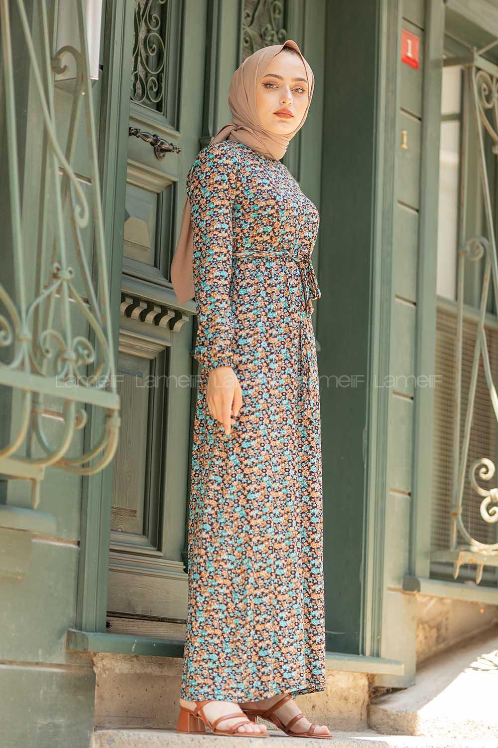 Modalamelif Mini Papatya Desenli Kuşaklı Elbise Su Yeşili