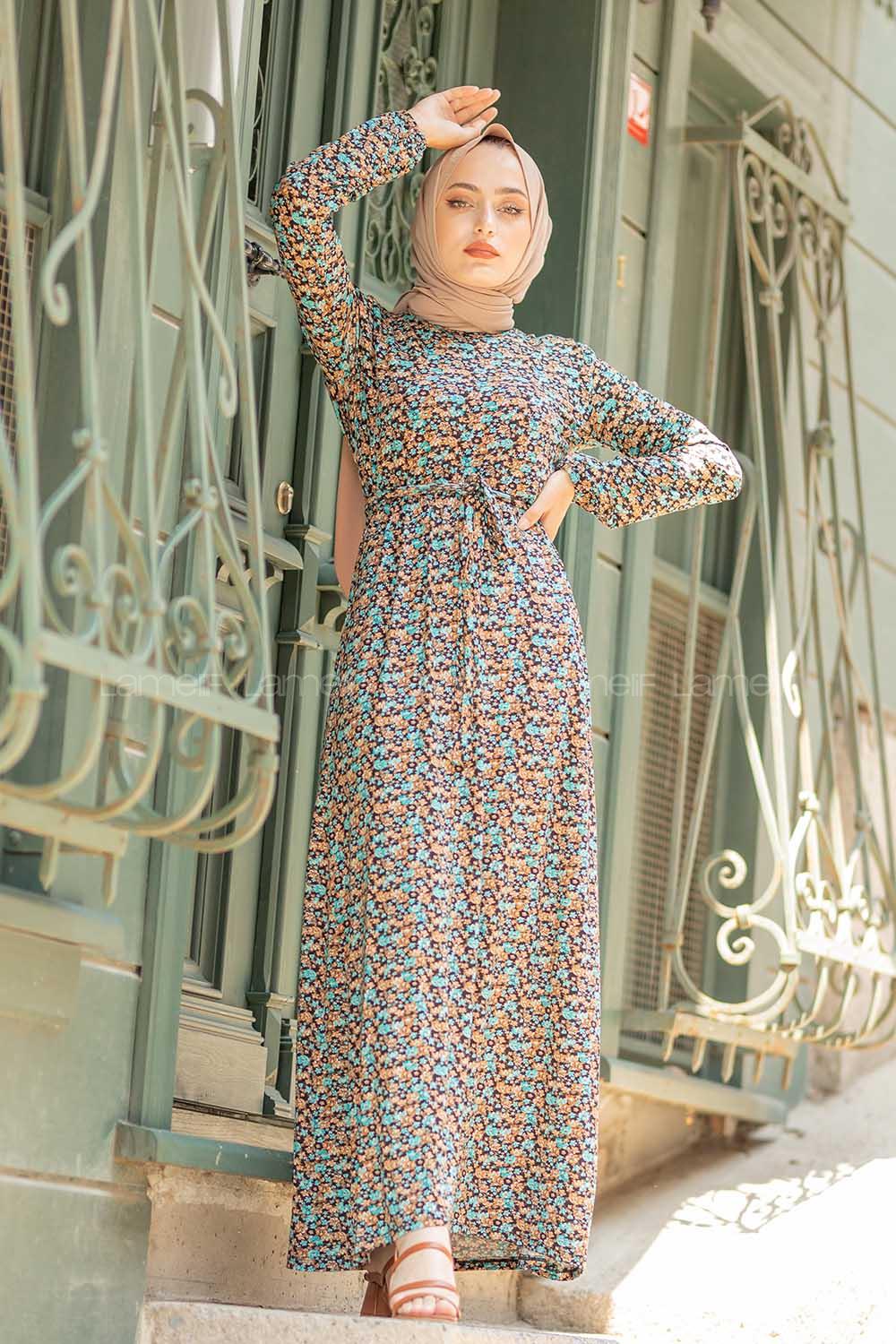 Modalamelif Mini Papatya Desenli Kuşaklı Elbise Su Yeşili