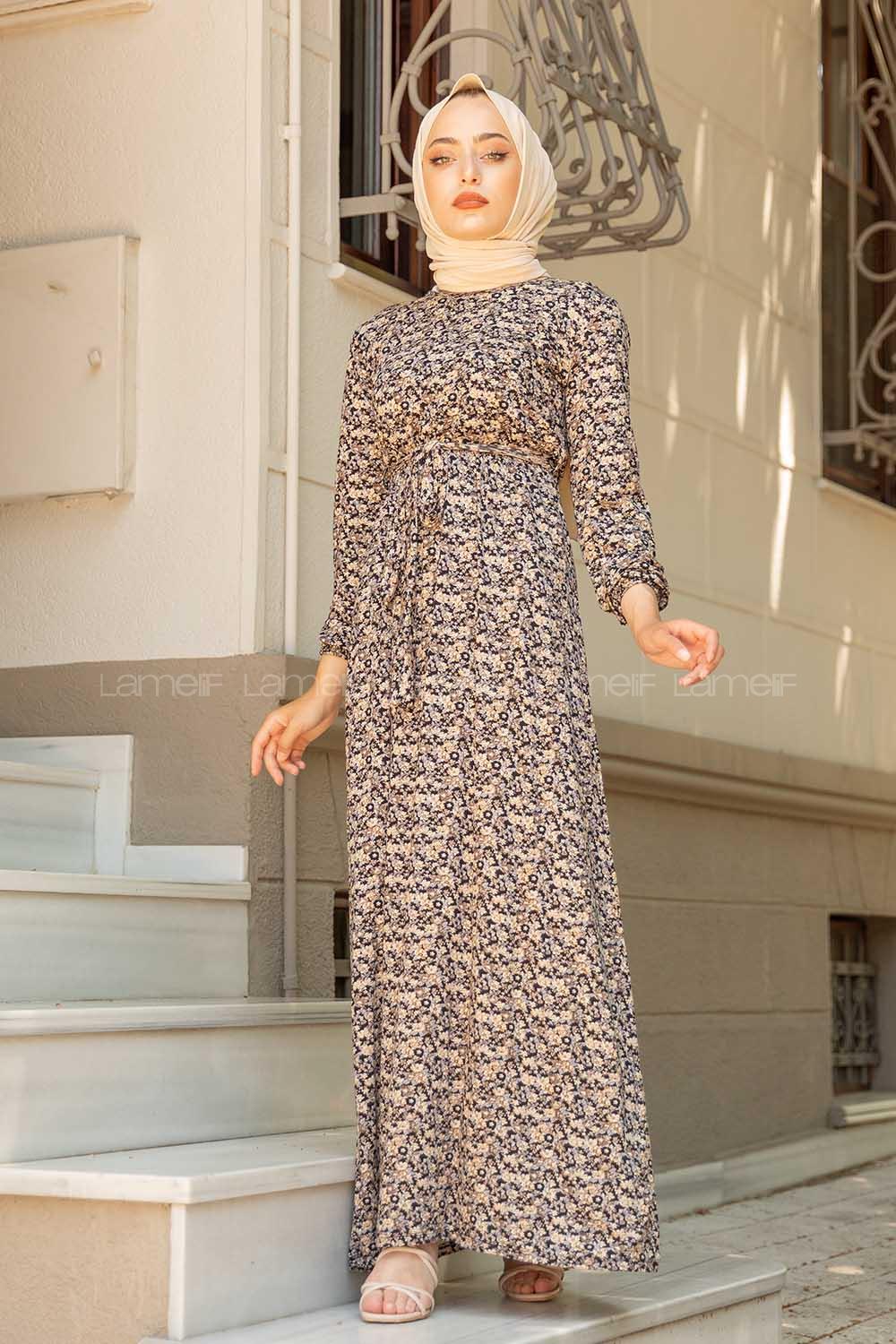 Modalamelif Mini Papatya Desenli Kuşaklı Elbise Vizonrengi