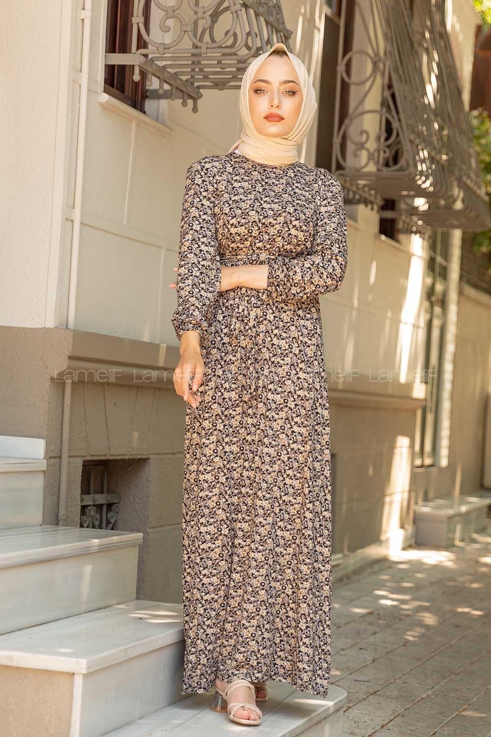 Modalamelif Mini Papatya Desenli Kuşaklı Elbise Vizonrengi