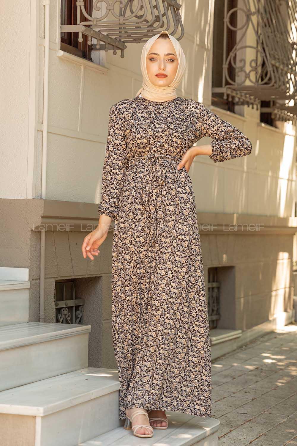 Modalamelif Mini Papatya Desenli Kuşaklı Elbise Vizonrengi