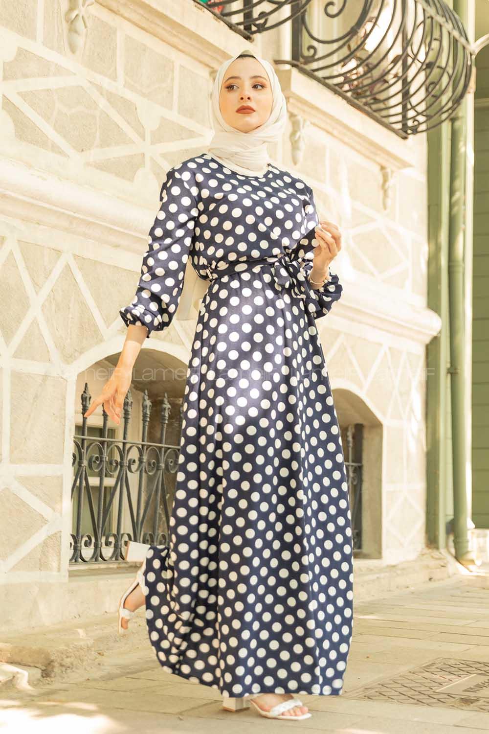 Modalamelif Puantiye Desen Kuşaklı Elbise Lacivert Beyaz