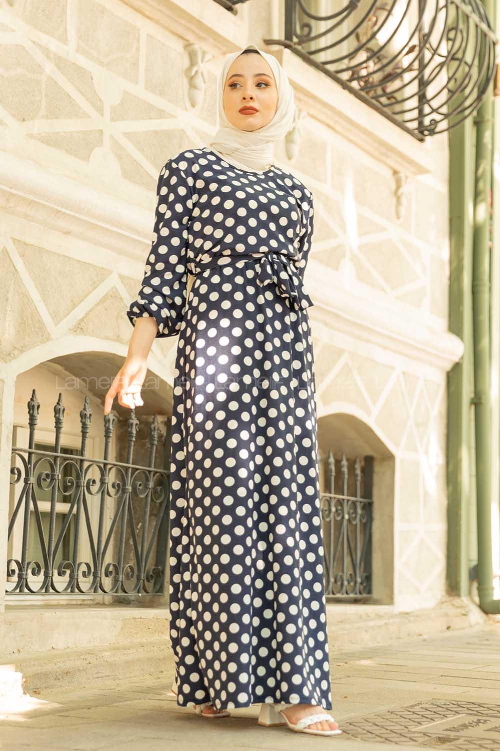 Modalamelif Puantiye Desen Kuşaklı Elbise Lacivert Beyaz