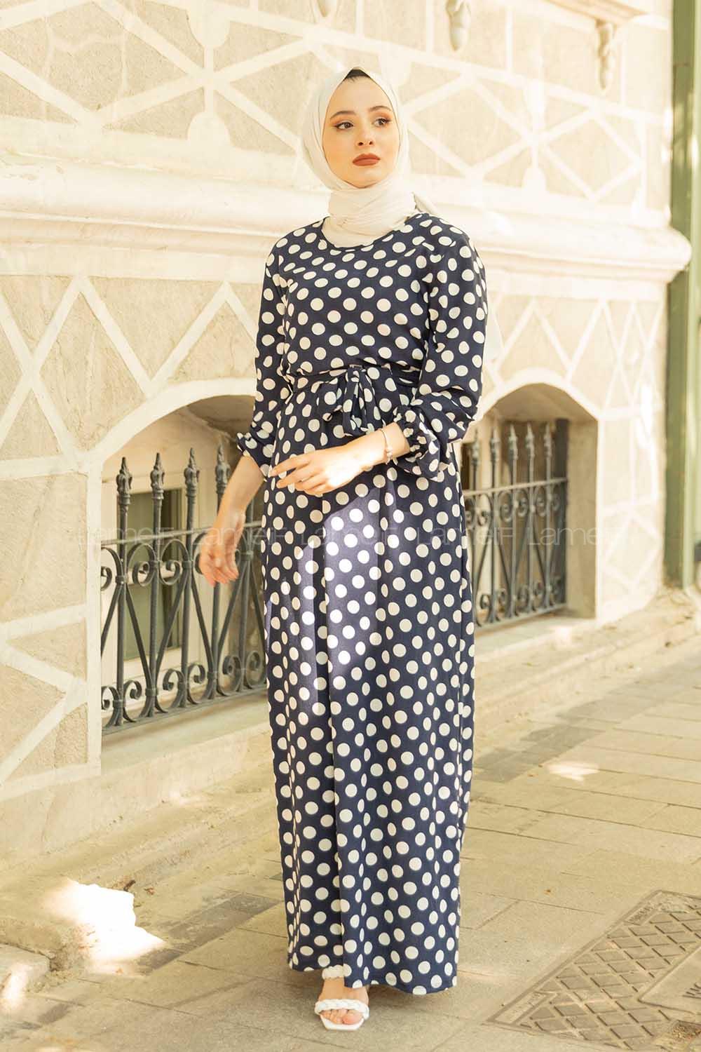 Modalamelif Puantiye Desen Kuşaklı Elbise Lacivert Beyaz