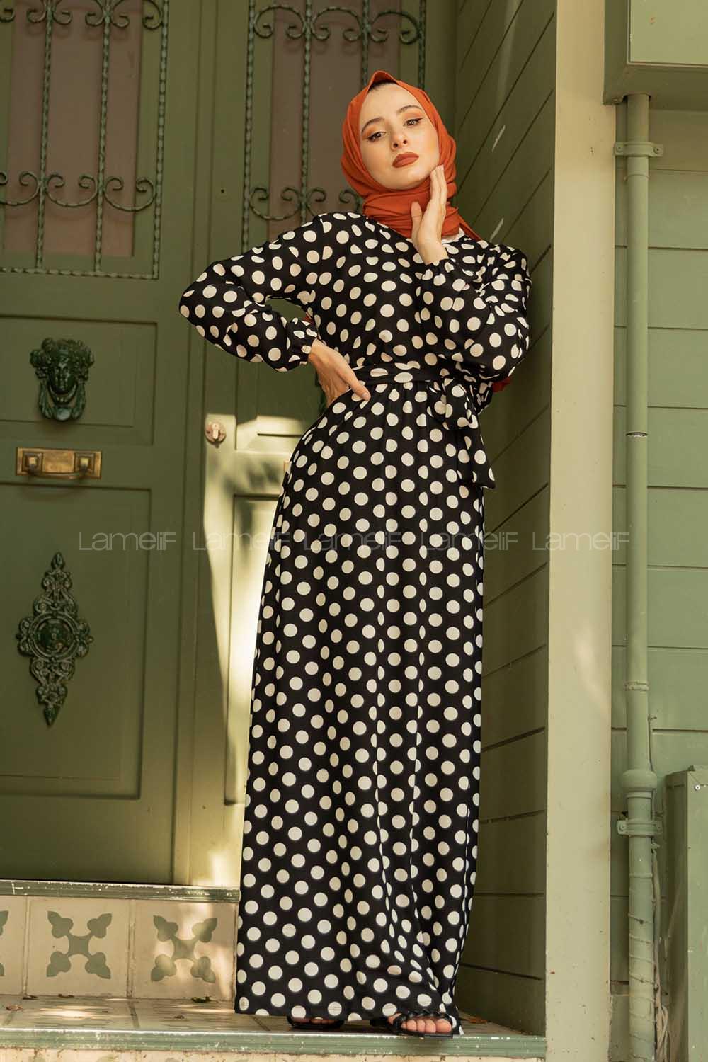 Modalamelif Puantiye Desen Kuşaklı Elbise Siyah Beyaz