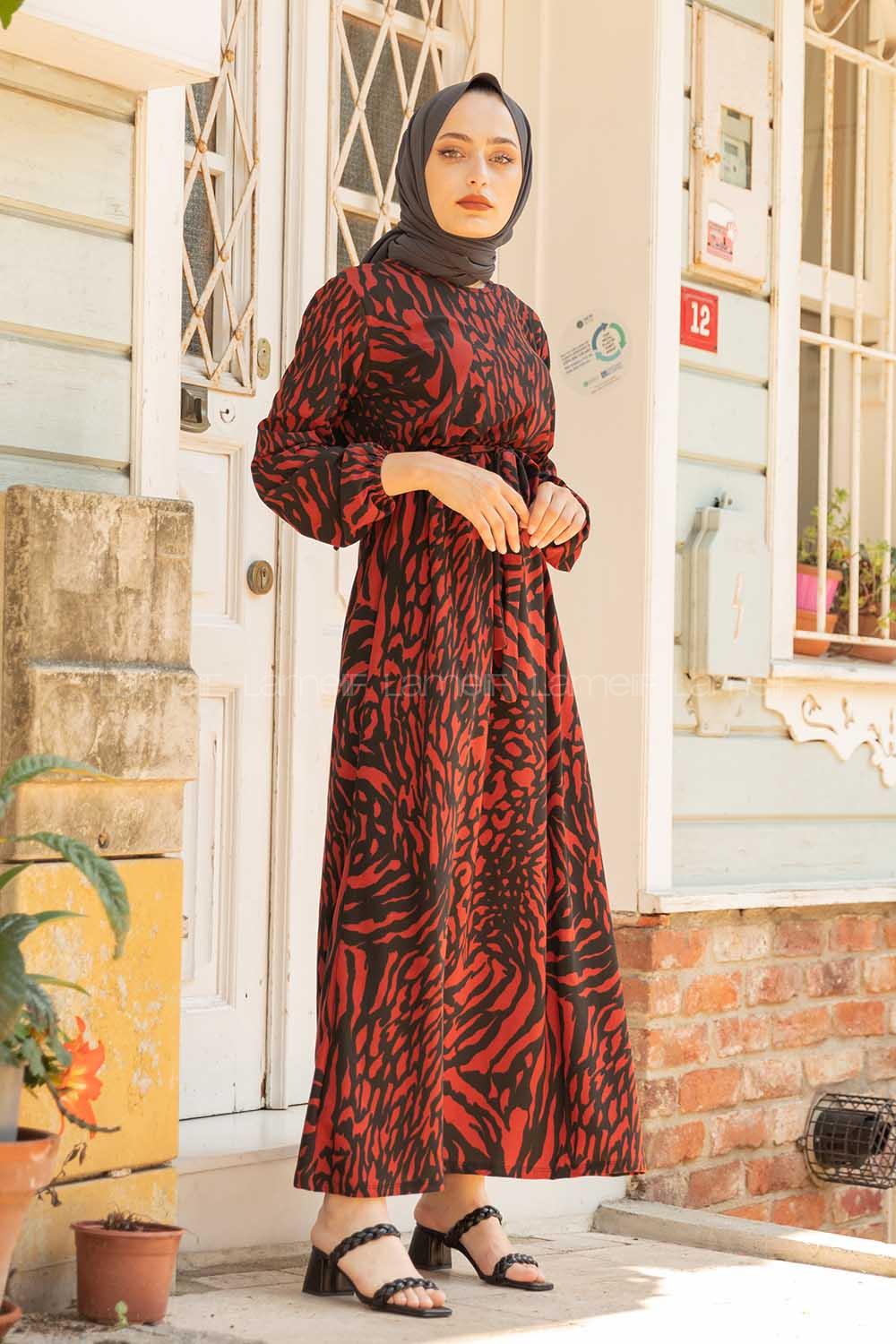 Modalamelif Soyut Desen Kuşaklı Elbise Acı Kahve