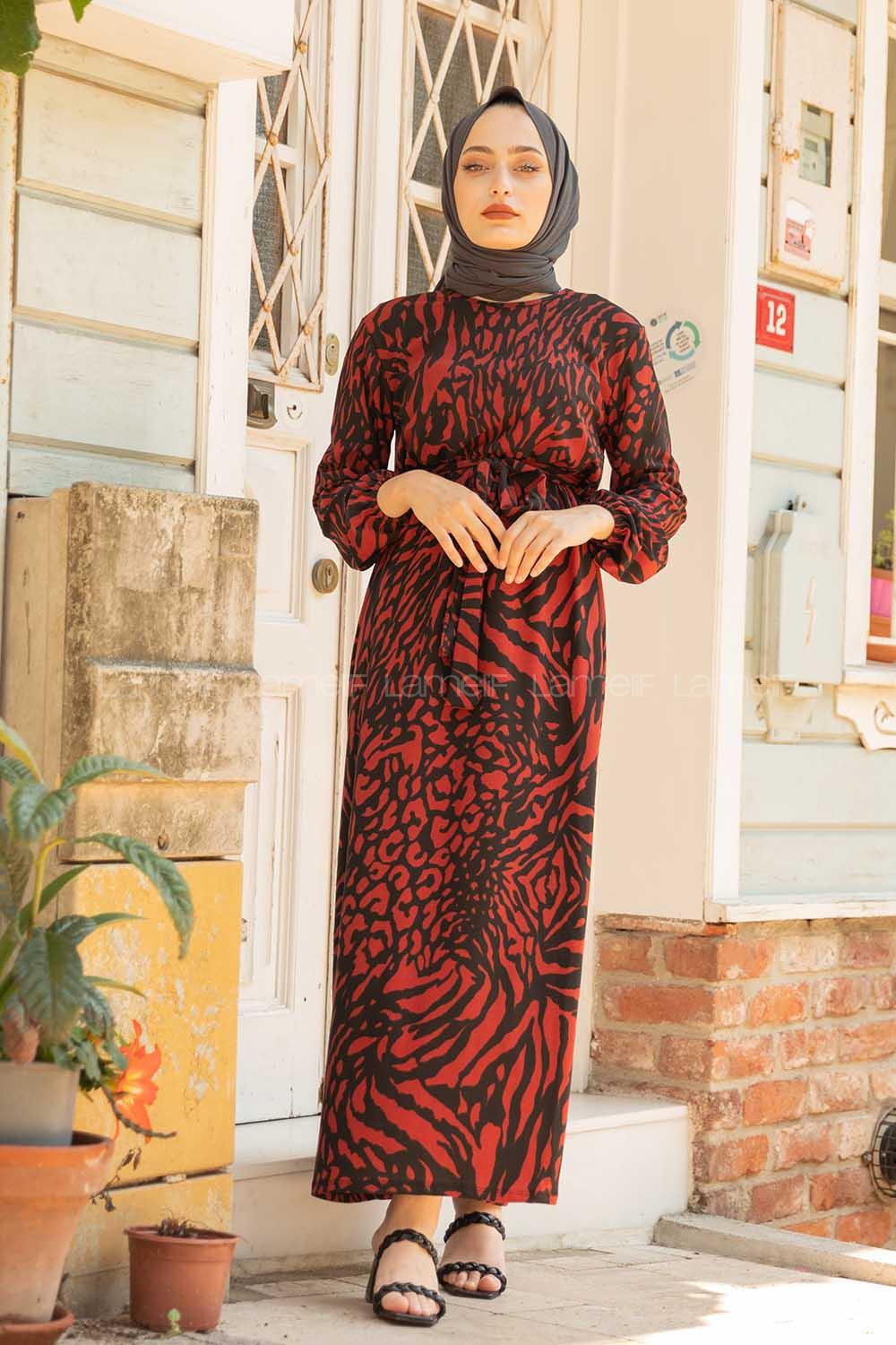 Modalamelif Soyut Desen Kuşaklı Elbise Acı Kahve