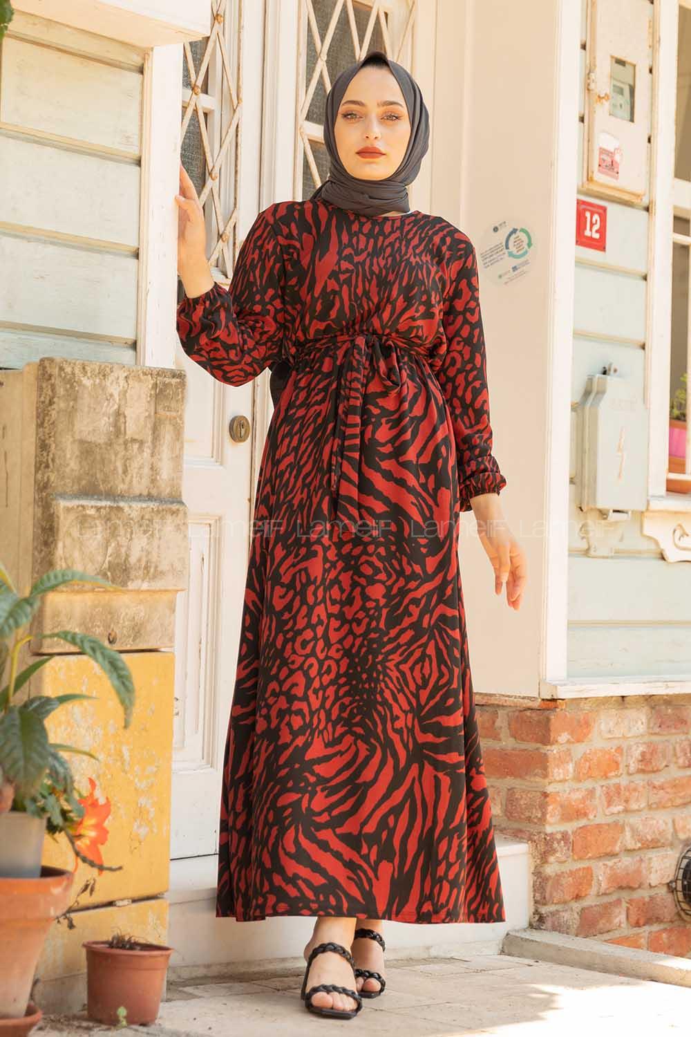 Modalamelif Soyut Desen Kuşaklı Elbise Acı Kahve