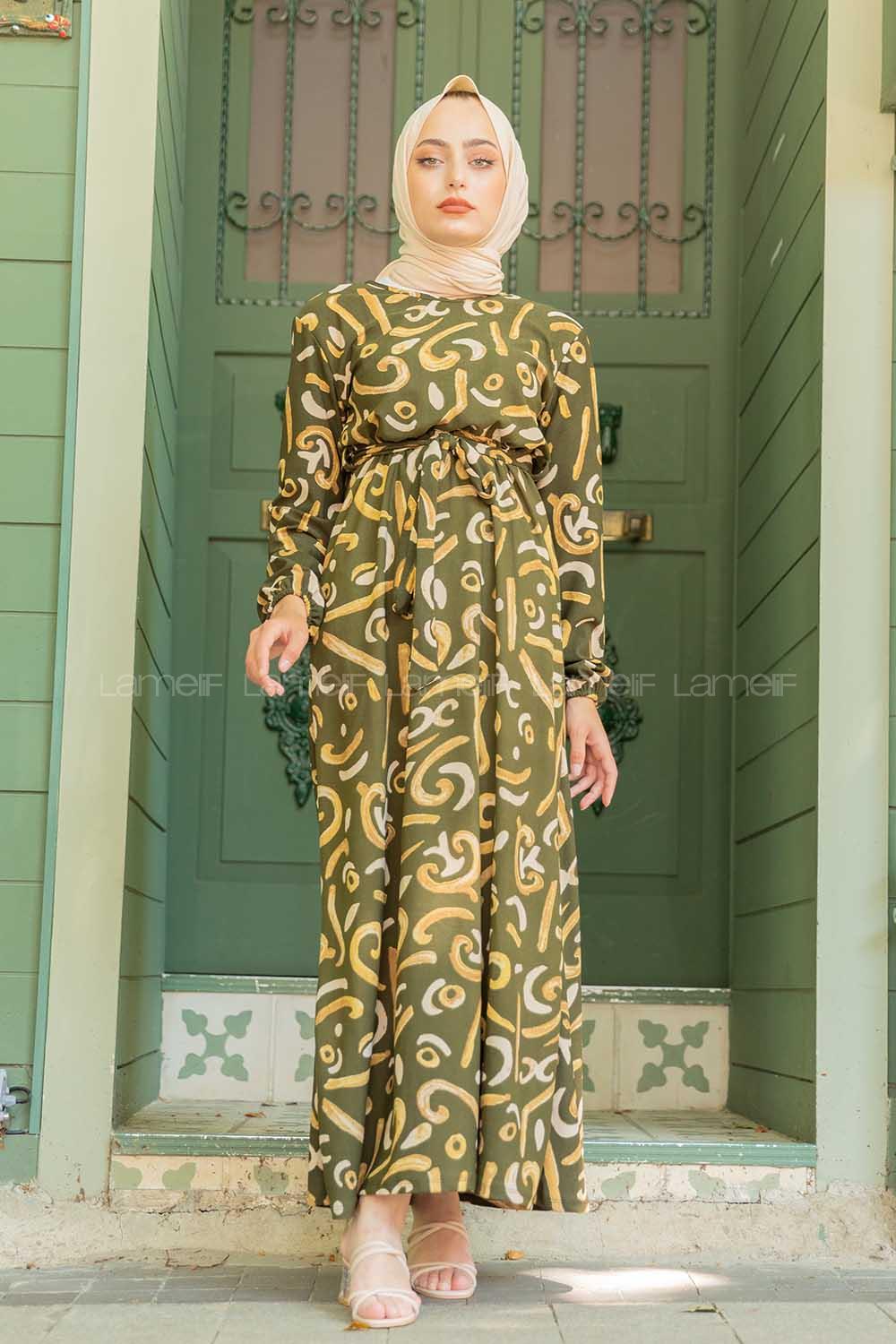 Modalamelif Soyut Desenli Kuşaklı Elbise Haki