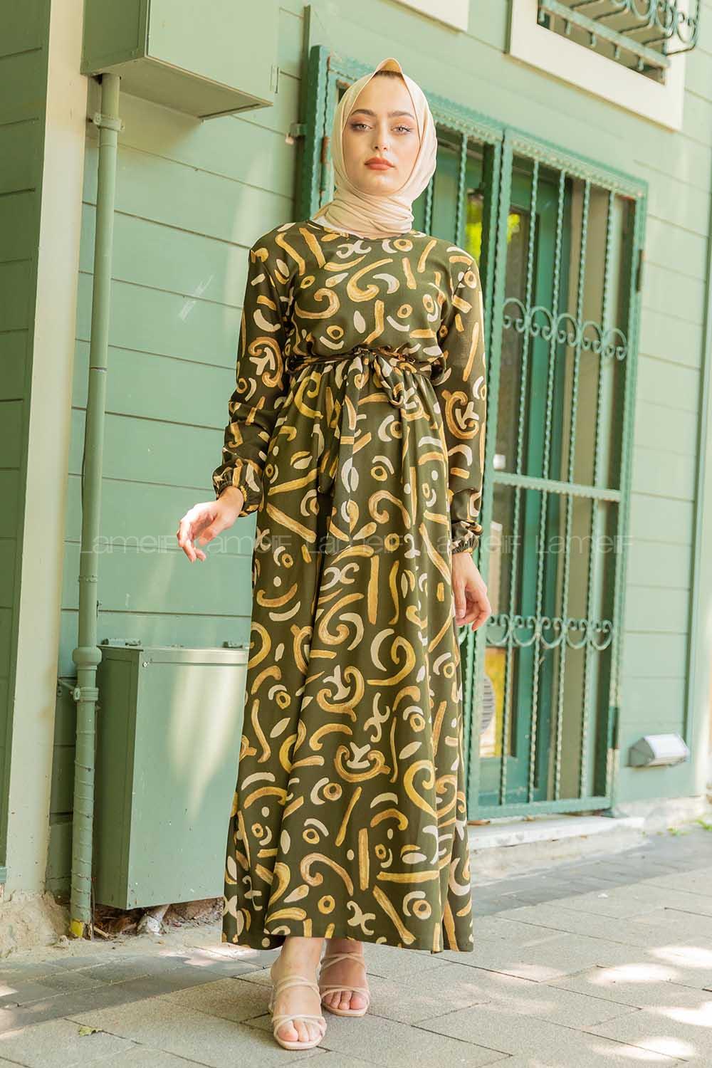 Modalamelif Soyut Desenli Kuşaklı Elbise Haki