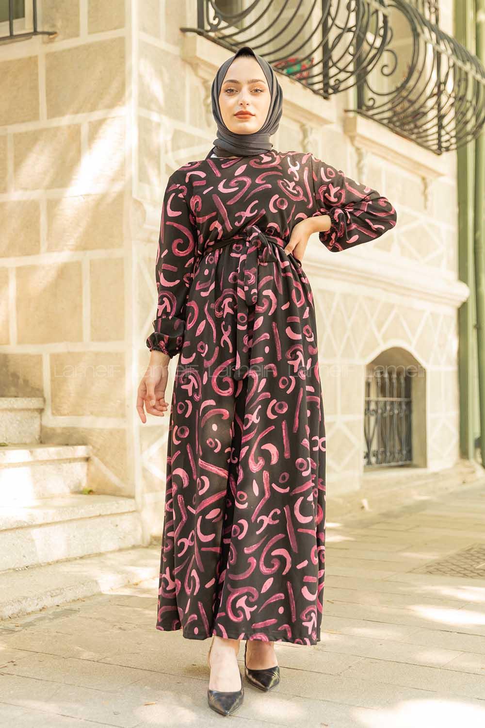 Modalamelif Soyut Desenli Kuşaklı Elbise Mor