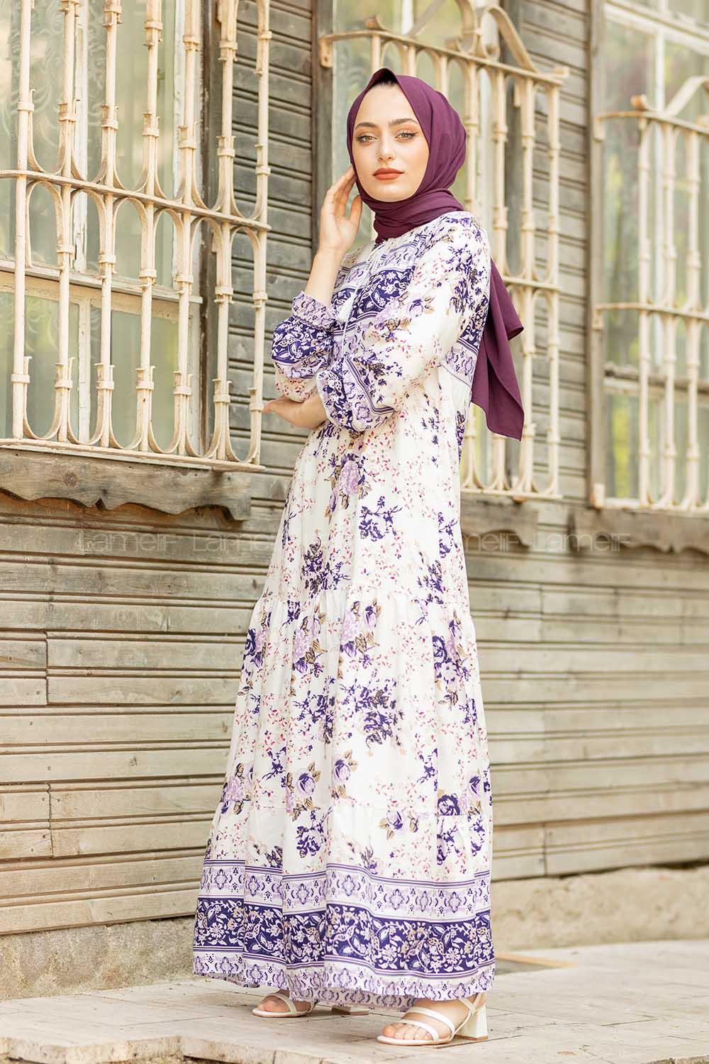 Modalamelif Yaka Bağlamalı Kilim Desen Elbise Mor