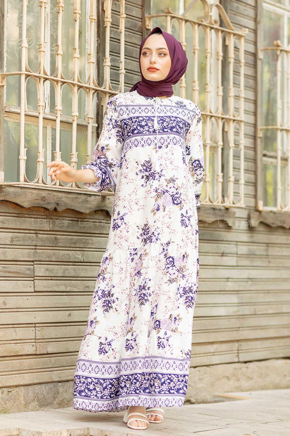 Modalamelif Yaka Bağlamalı Kilim Desen Elbise Mor