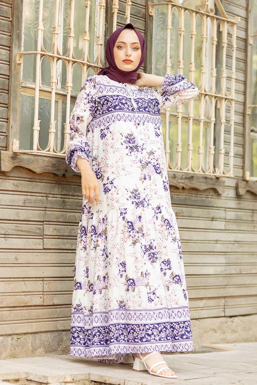 Modalamelif Yaka Bağlamalı Kilim Desen Elbise Mor