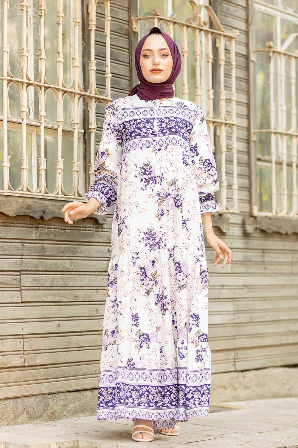 Modalamelif Yaka Bağlamalı Kilim Desen Elbise Mor