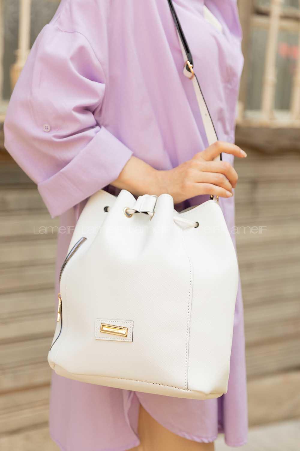 Modalamelif Yan Fermuarlı Çapraz Çanta Beyaz