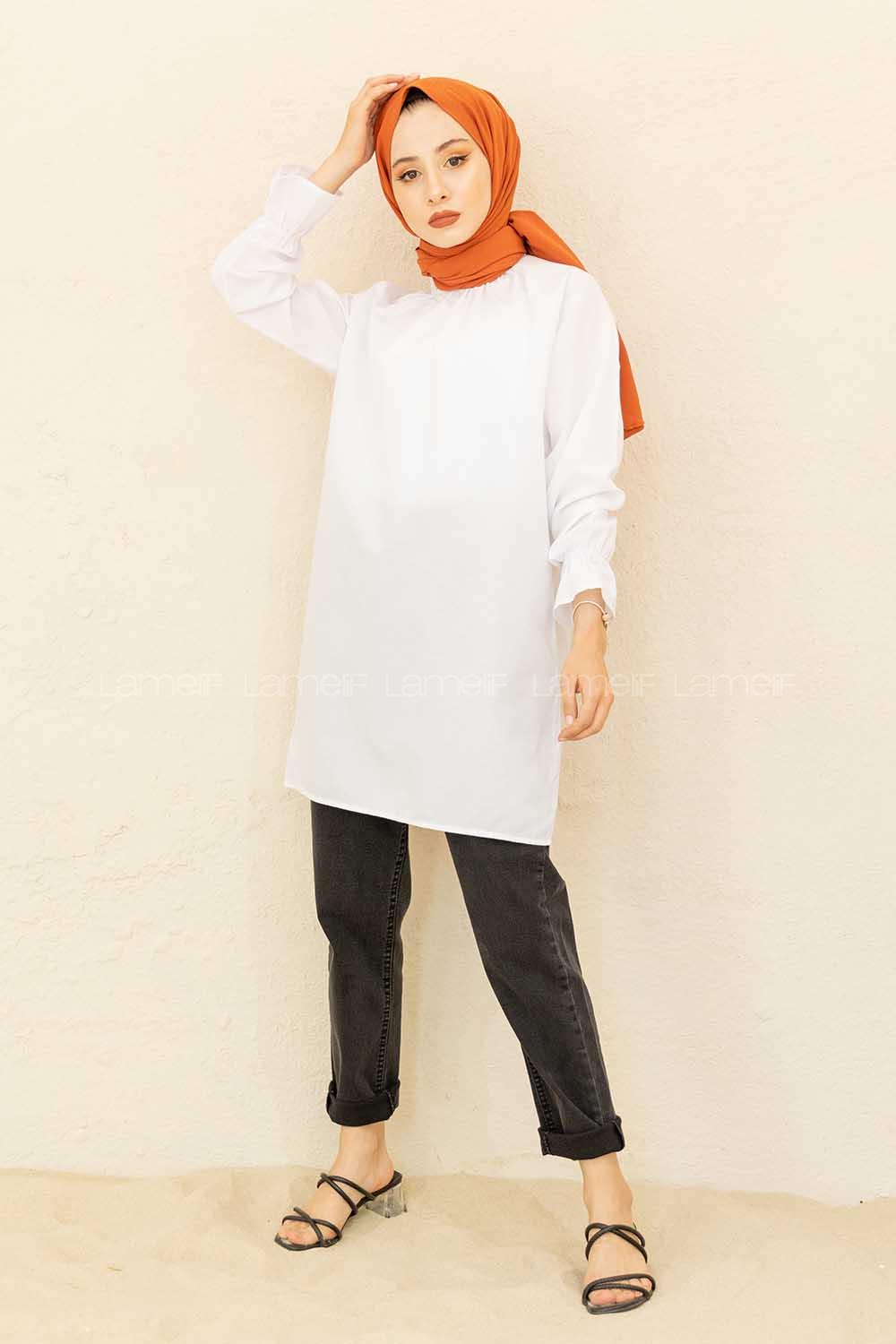 Modalamelif Kol Lastikli Hakim Yaka Tunik Beyaz